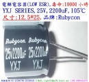 YXJ,25V,2200uF,尺寸:12.5*25,LOW ESR電容器,壽命:10000小時,Rubycon(日本)