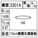 編號：3301A
品名：10cm雙螺孔橢圓板